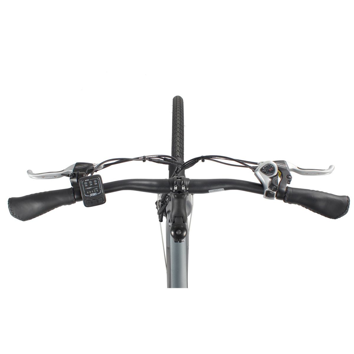 Vue de dessus du guidon d'un vélo électrique. Poignées, leviers de frein, écran et commandes.