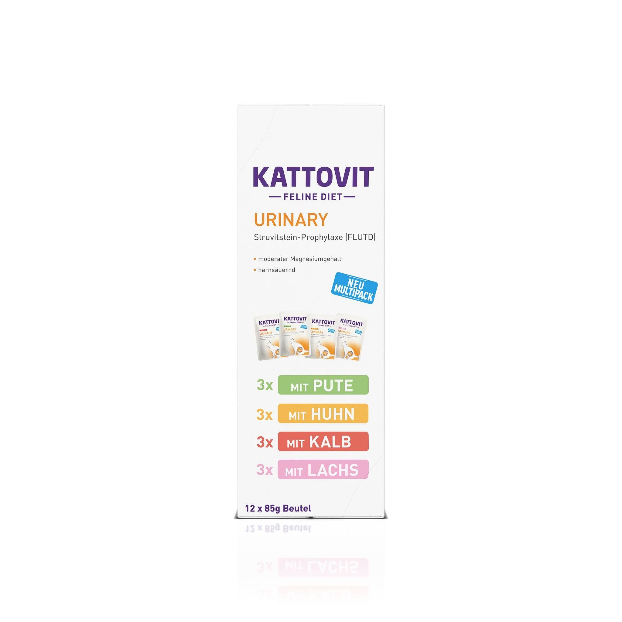 Doos KATTOVIT Urinary Multibox. Opschriften: 3x kalkoen, 3x kip, 3x kalf, 3x zalm. 12x85g zakjes. "NEU MULTIPACK".
