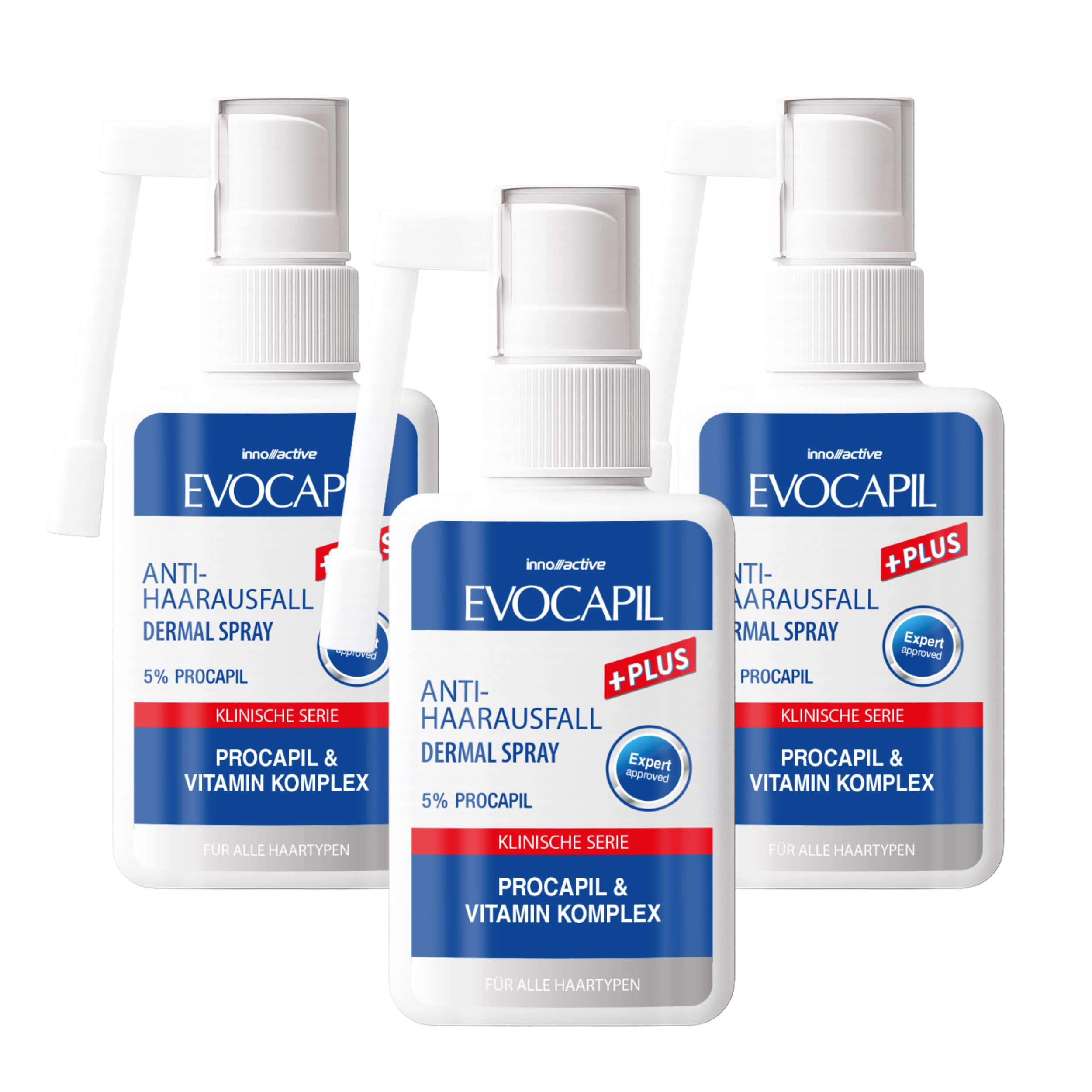 Drie flessen Evocapil Plus Anti-haaruitval Dermal Spray. Klinische serie. 5% Procapil.