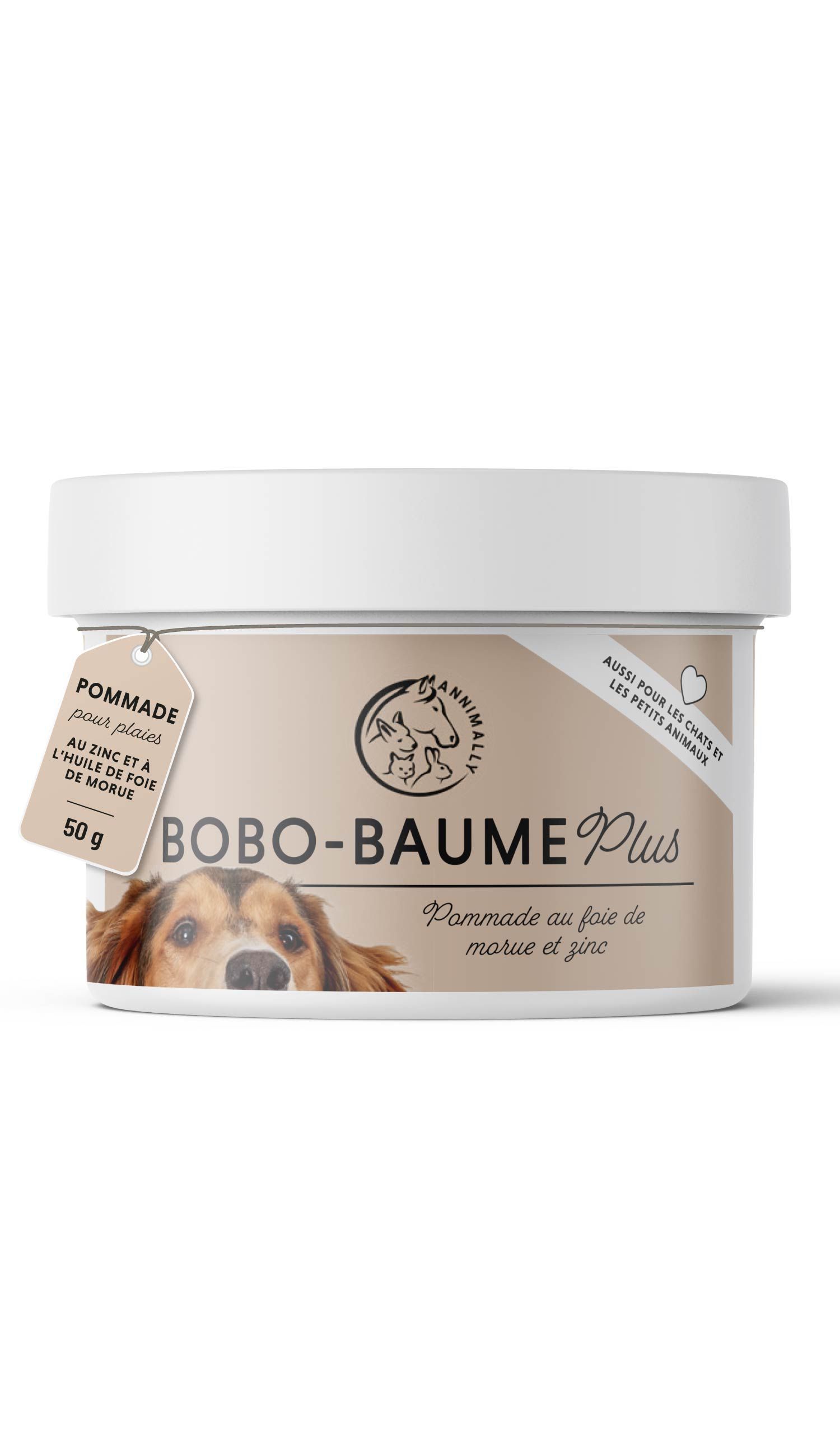 Emballage du produit avec logo et texte BOBO-BAUME Plus. Contient 50g. Avec chien.