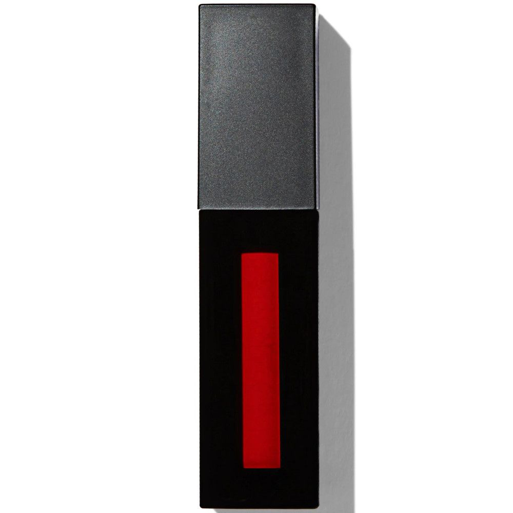 Tube de gloss noir rectangulaire avec bande rouge. Bouchon en haut.