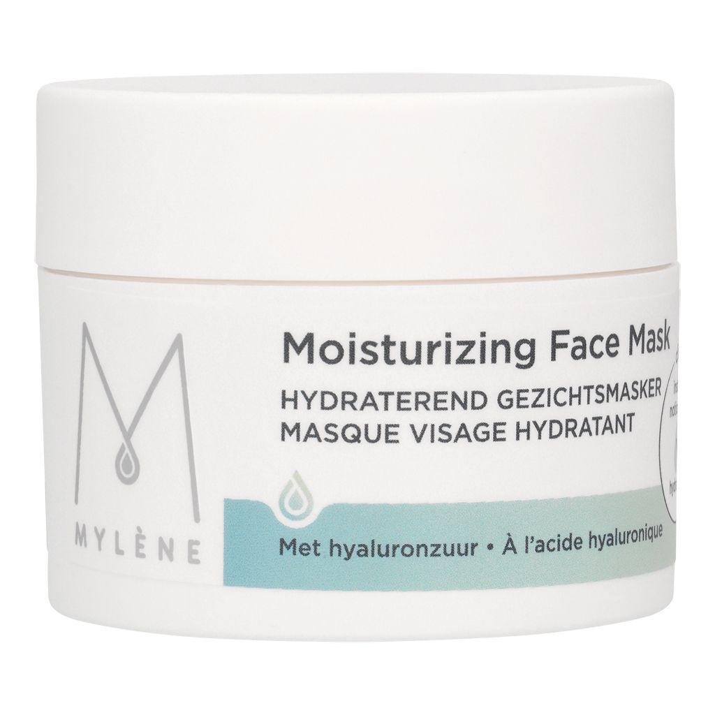 Witte pot met "MYLÈNE" en "Moisturizing Face Mask". Tekst in het Nederlands en Frans. Met hyaluronzuur.