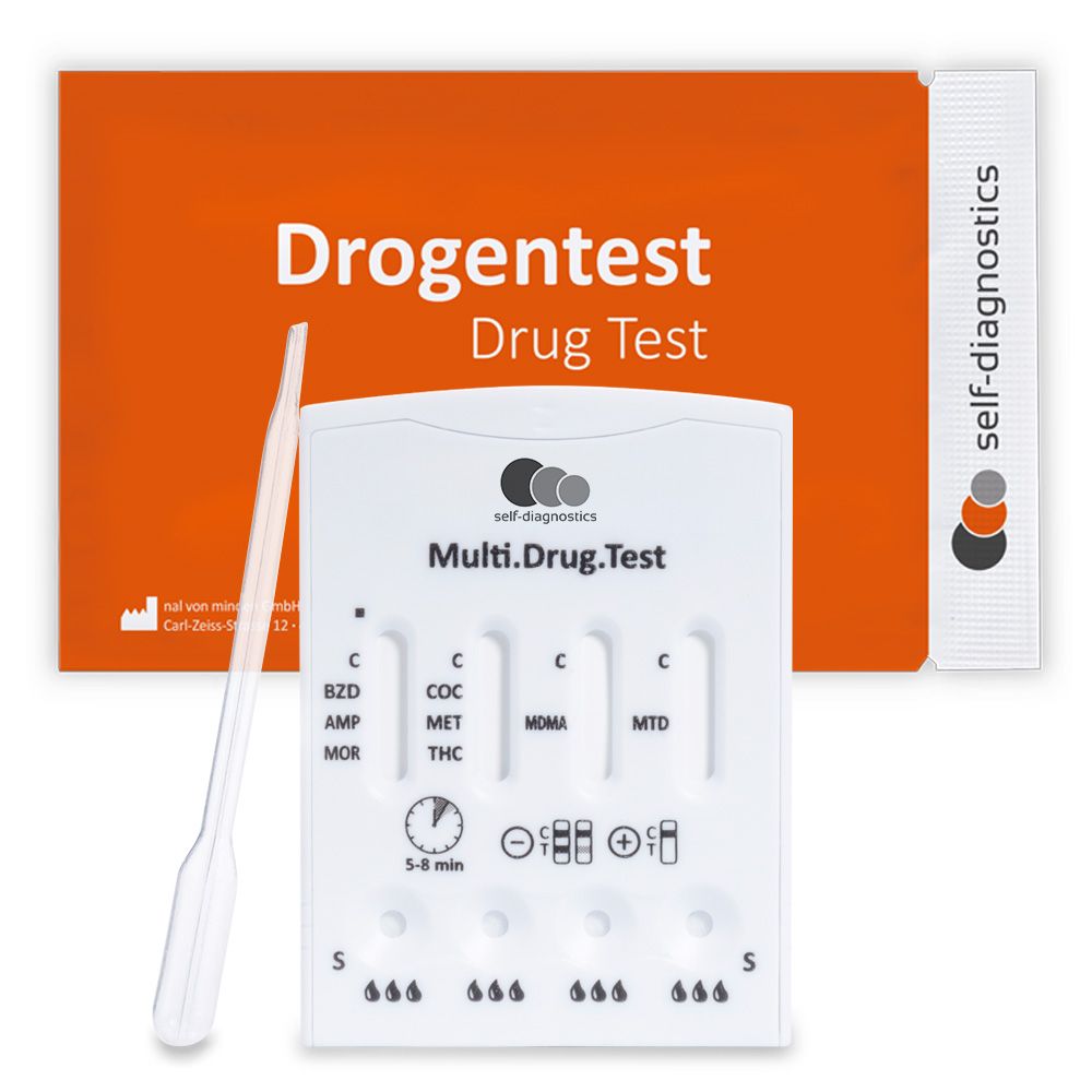 Kit de test de dépistage de drogues. Comprend des bandelettes, une pipette et un emballage. Inscription : Multi.Drug.Test.