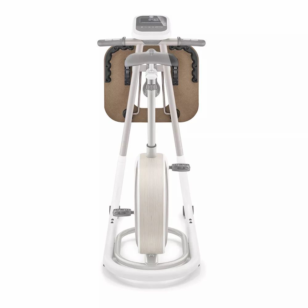 Home trainer avec console aspect bois et écran. Cadre blanc, selle grise. Vue de face.
