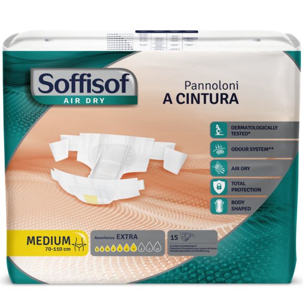 Paquet de Soffisof avec ceinture extra. Medium, 70-110 cm, 15 pièces. Testé dermatologiquement, contrôle des odeurs, Air Dry, protection totale, forme du corps.