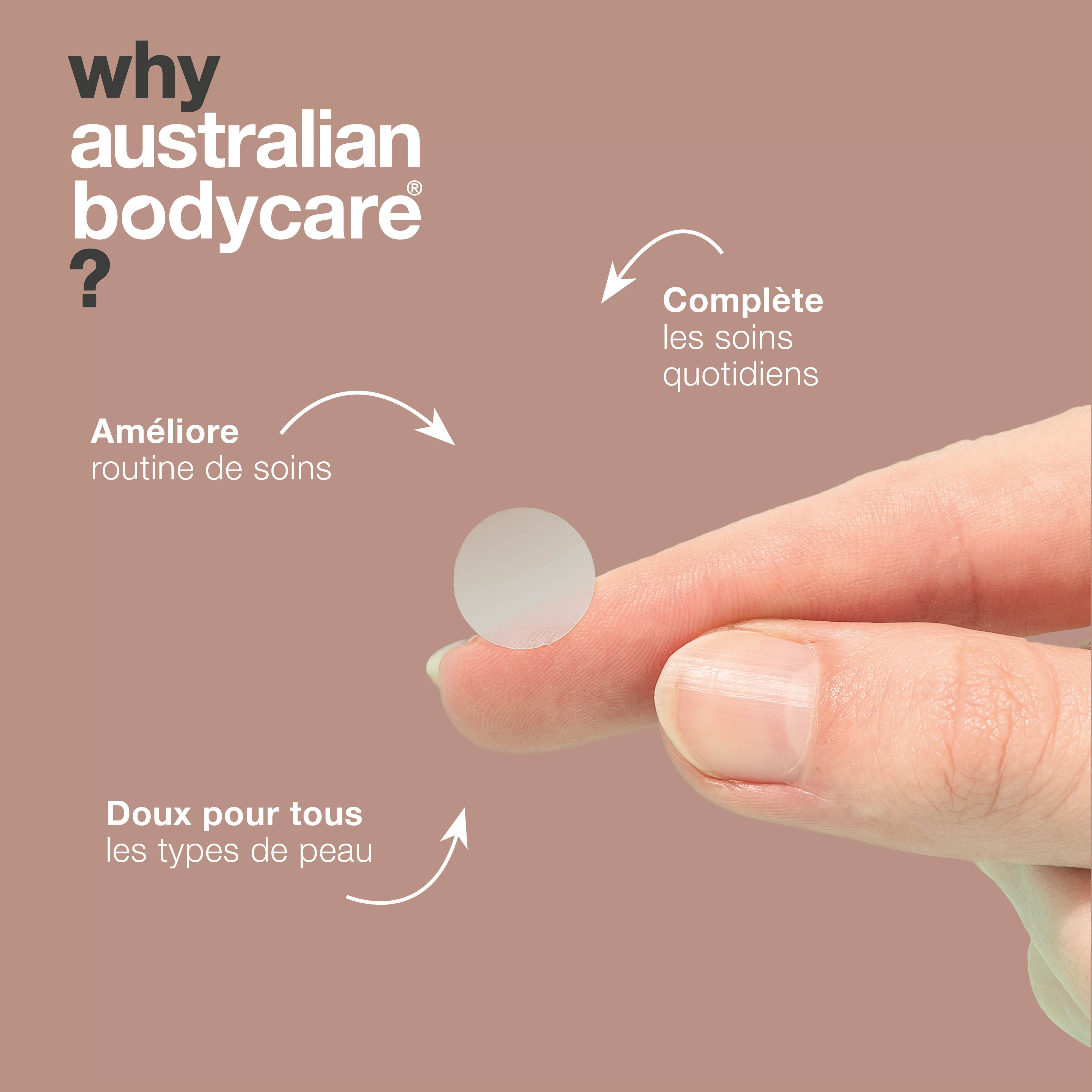 Un patch anti-boutons sur un doigt. Texte : Pourquoi Australian Bodycare ? Des flèches pointent vers le patch.
