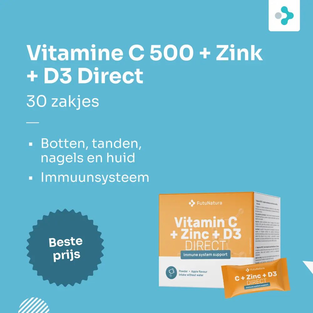 Oranje doos en zakjes met de tekst Vitamine C + Zink + D3 DIRECT. 30 zakjes.