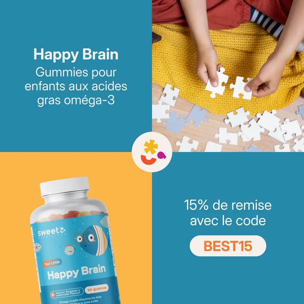 Enfant fait un puzzle. Flacon de gommes. Texte Happy Brain, code promo BEST15.