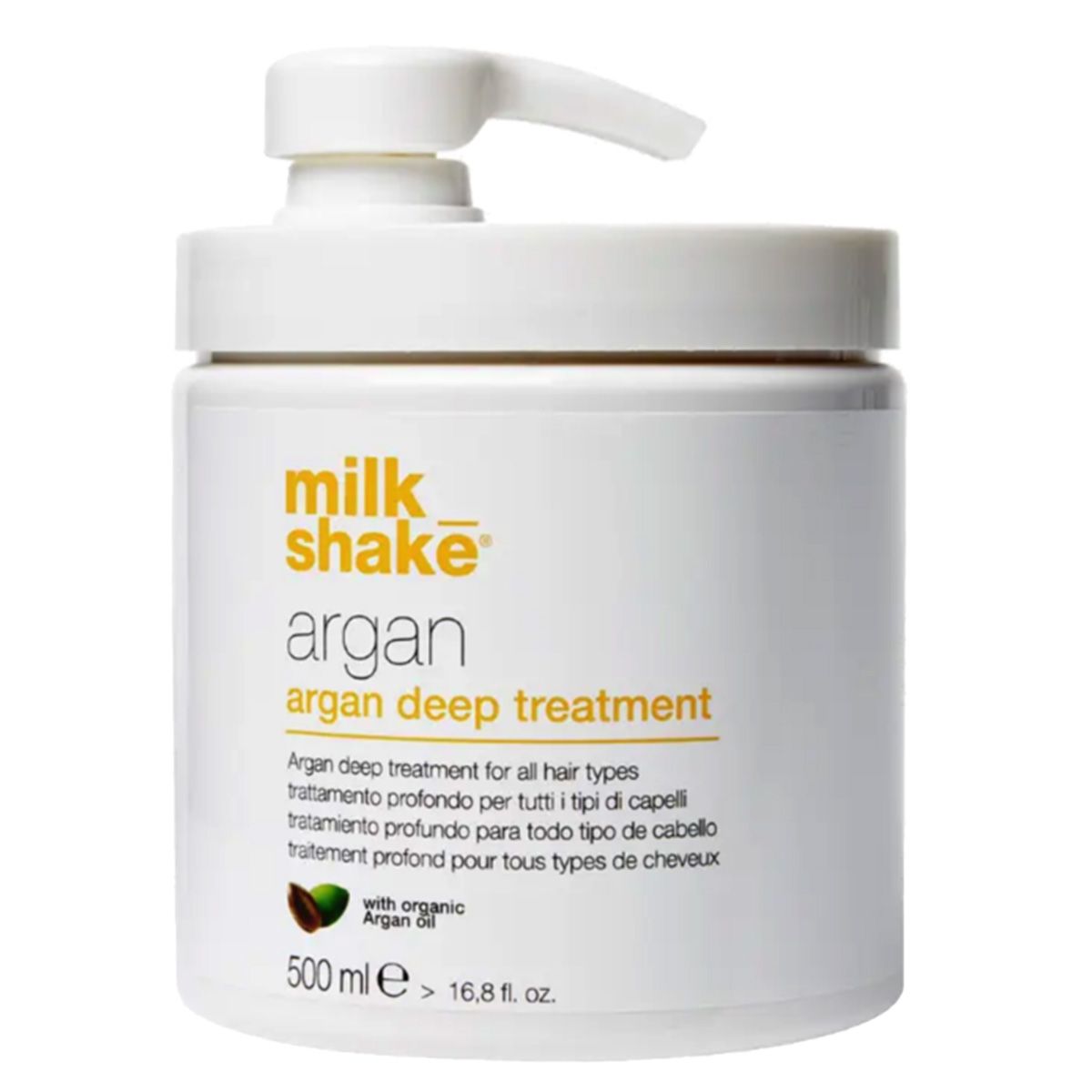 Witte fles met pompdosering, Milk Shake Argan Deep Treatment, 500 ml.