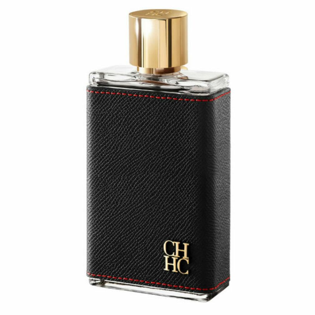 Eau de Toilette fles met zwart imitatieleer, rode stiksel en gouden dop. CH HC logo.