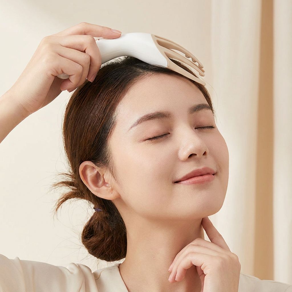 Femme utilisant un masseur électronique pour cuir chevelu pour la relaxation.