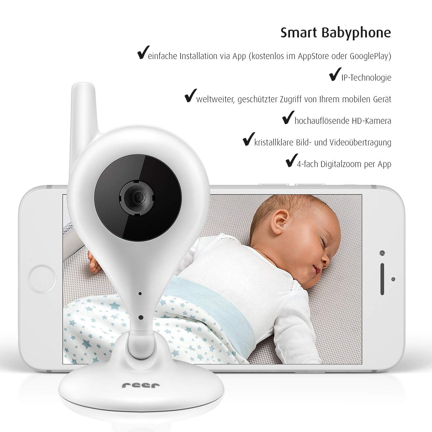 Babyfoon met camera en smartphone display. Wit apparaat met antenne, toont baby op het scherm.