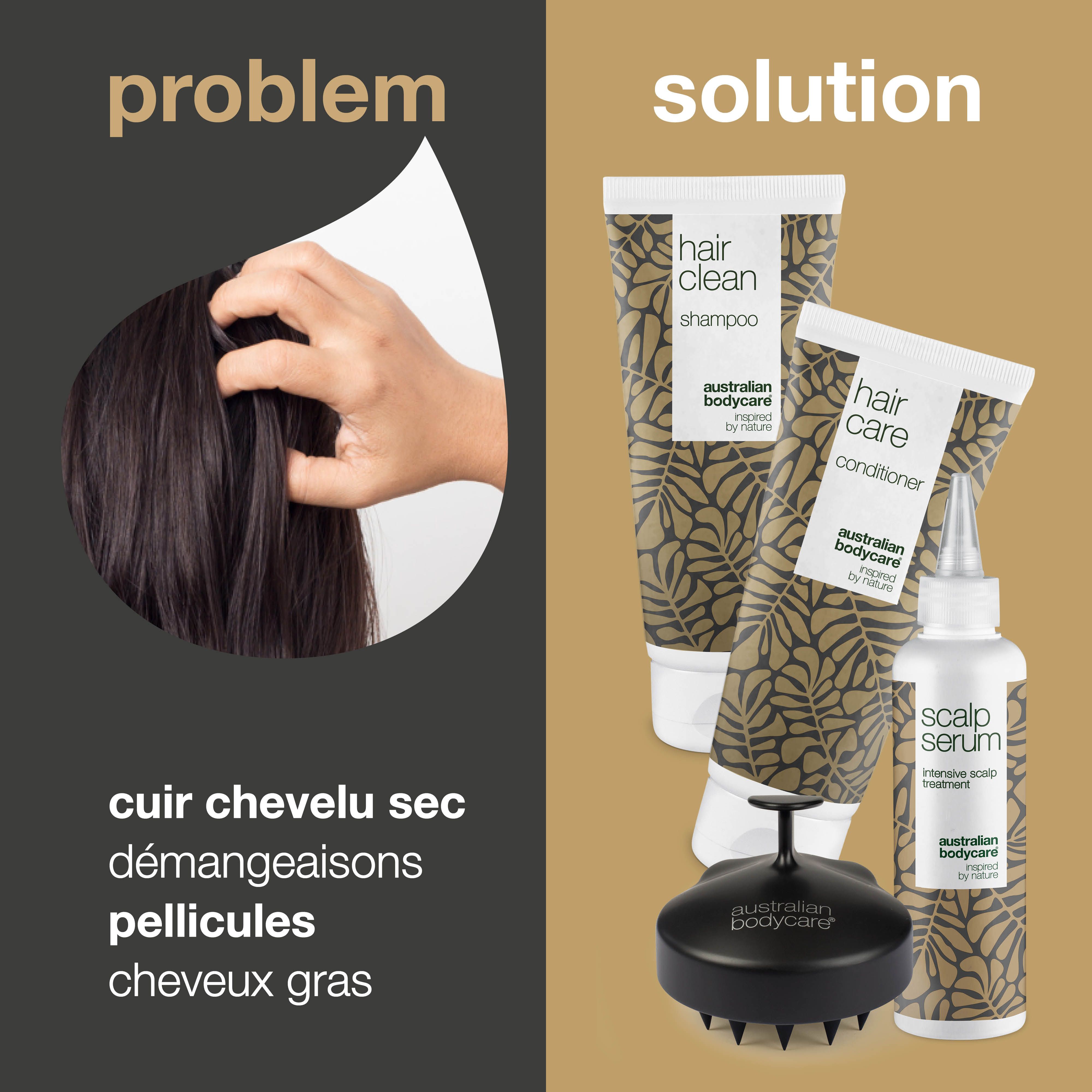 Image problème-solution. Femme touchant sa tête. Produits : shampooing, après-shampooing, sérum et brosse cuir chevelu.