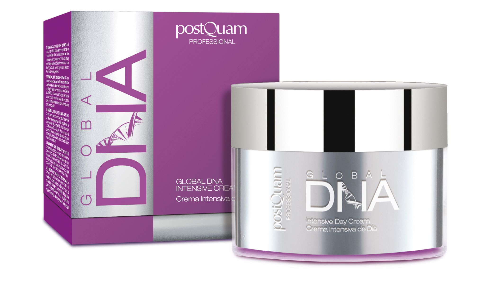 Crèmepot en verpakking. Productnaam: Global DNA Intensive Day Cream. Merk: Postquam. Paarse verpakking.