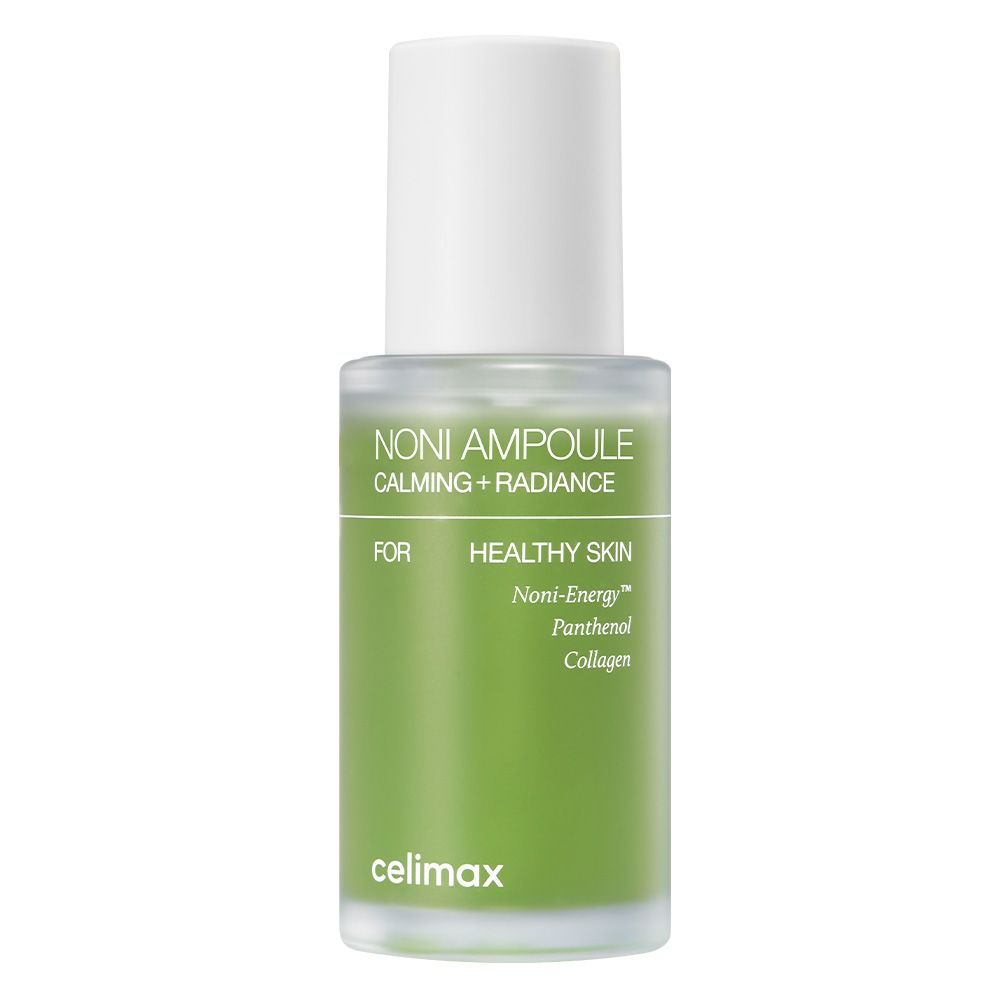 Ampoule Celimax Noni Energy avec bouchon blanc et flacon vert.