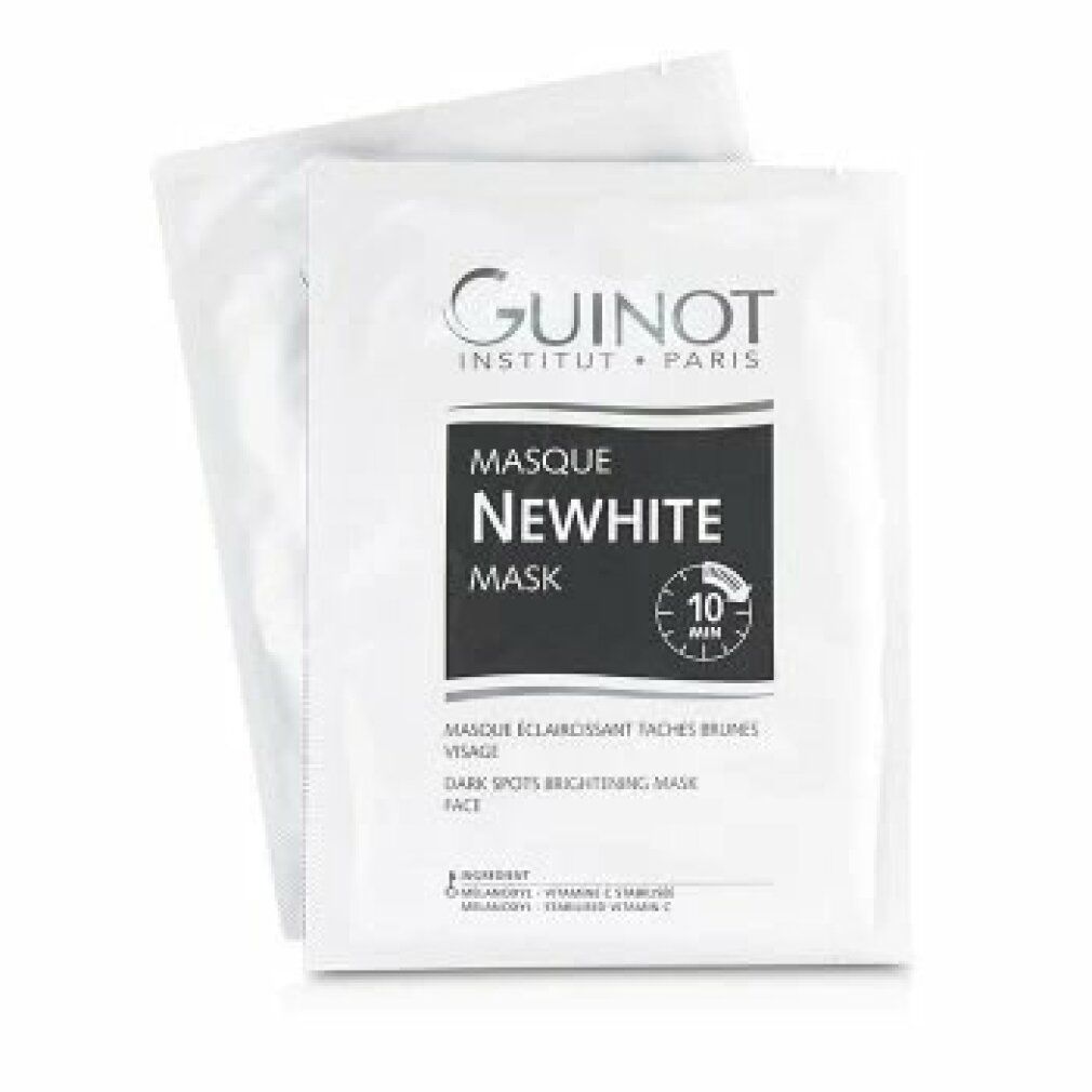 Deux sachets Guinot Newhite Mask. Inscription: Newhite, Masque, 10 Min. Marque: Guinot. Description: Masque Éclaircissant Taches Brunes, Face.