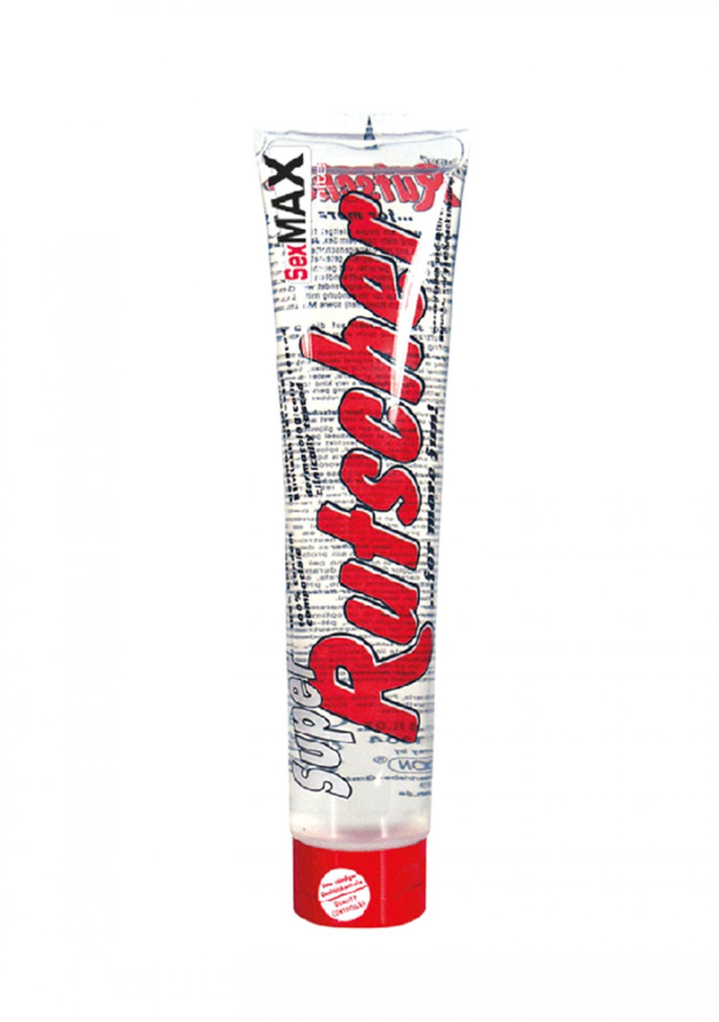 Transparante tube met rode dop. Opschrift: SexMAX, Super Rutscher, rode tekst. Tekst: ...for more fun!