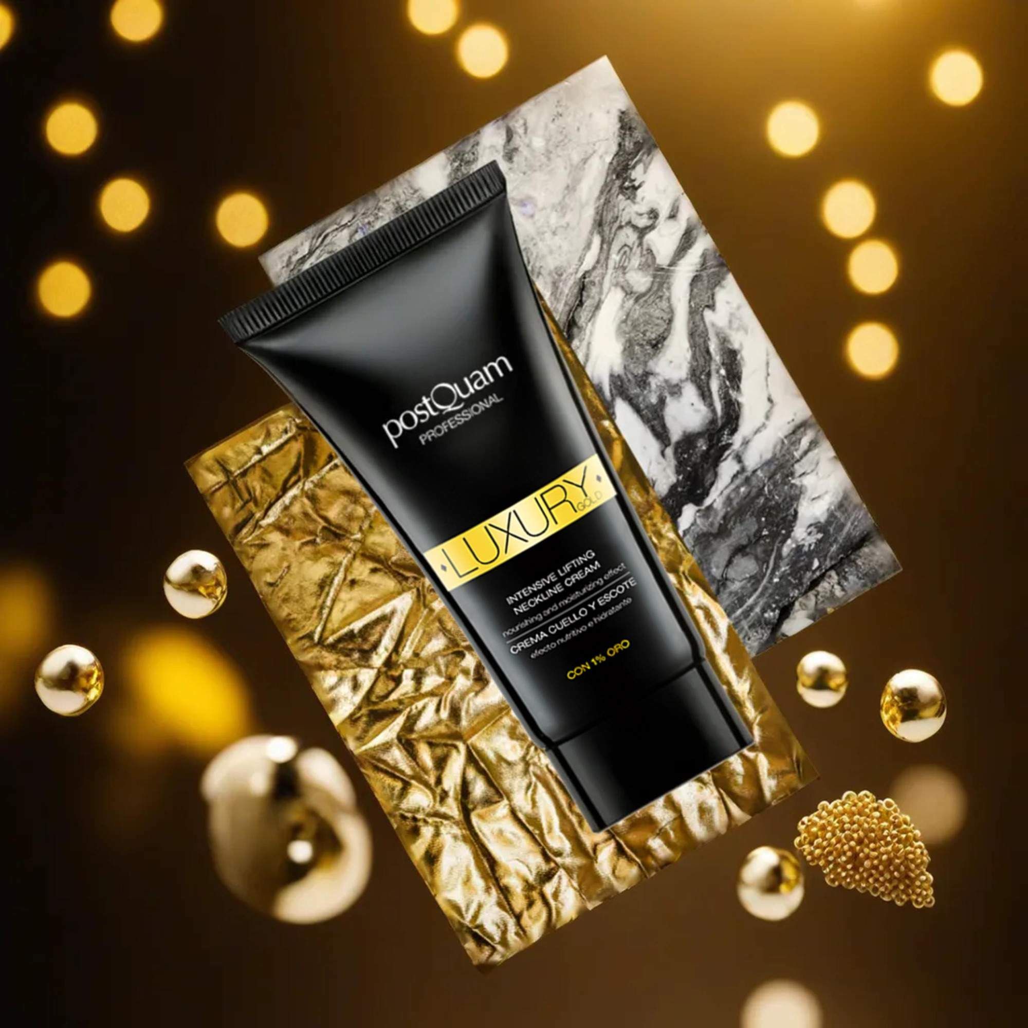 Tube noir sur fond doré et marbré avec boules dorées. Texte: Postquam Professional, Luxury, Intensive Lifting Neckline Cream, 1% Gold.