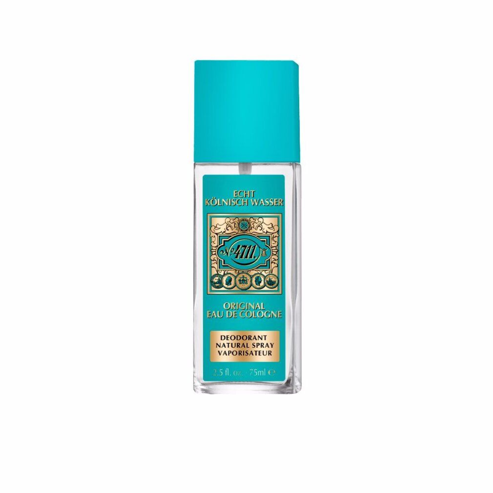 Spray déodorant avec bouchon turquoise. Inscription : 4711 Original Eau de Cologne. Flacon transparent avec étiquette dorée.