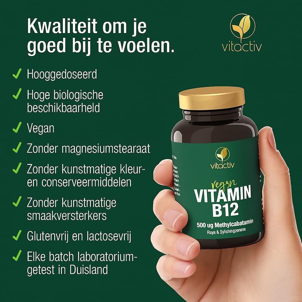 Donkerbruine glazen fles met goudkleurig deksel, etiket met vitactiv logo, vegan Vitamine B12, 500 µg methylcobalamine en hoge biologische beschikbaarheid.