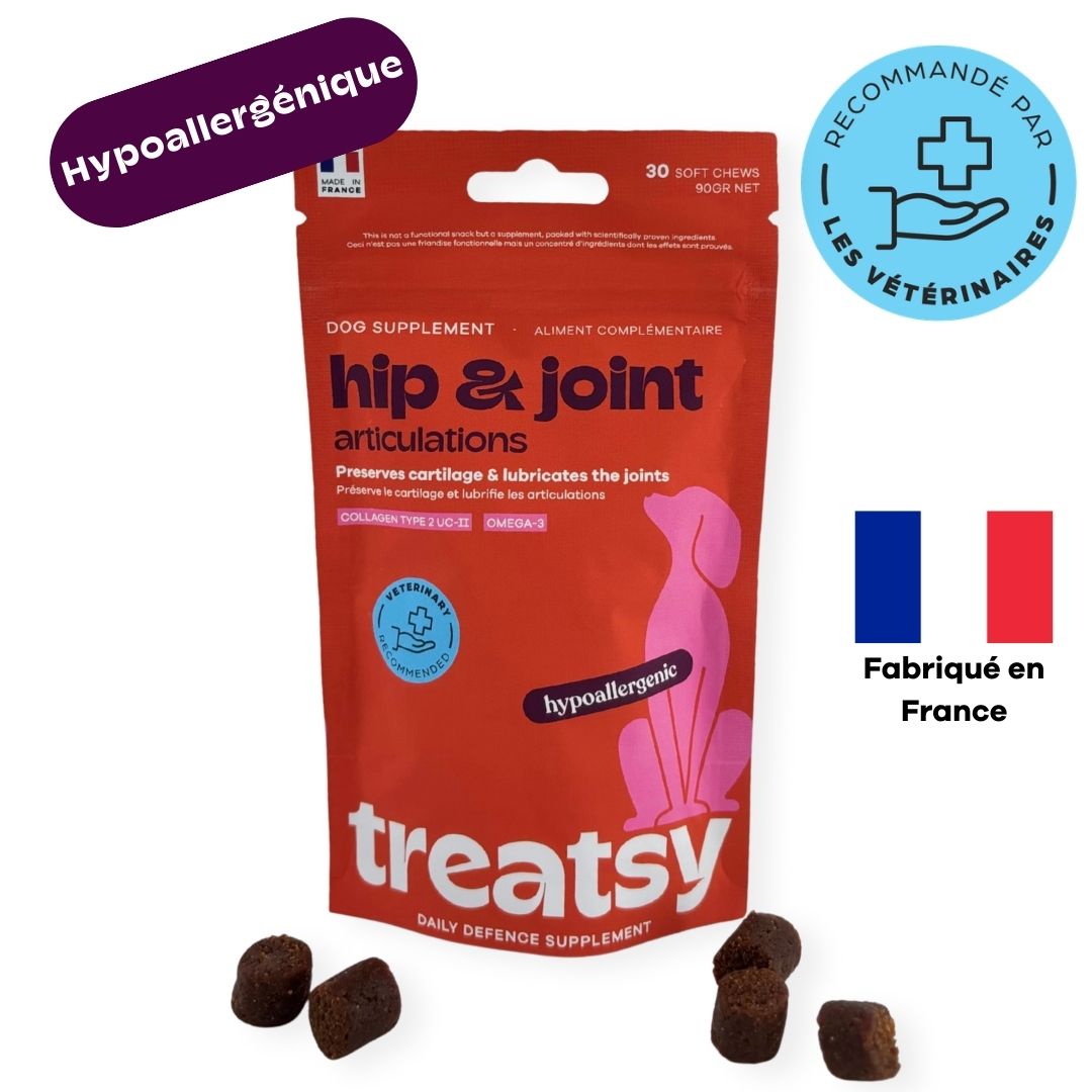 Sachet rouge pour chiens. Texte : Hip & Joint, Articulations. Logo : Recommandé par les vétérinaires. Fabriqué en France.