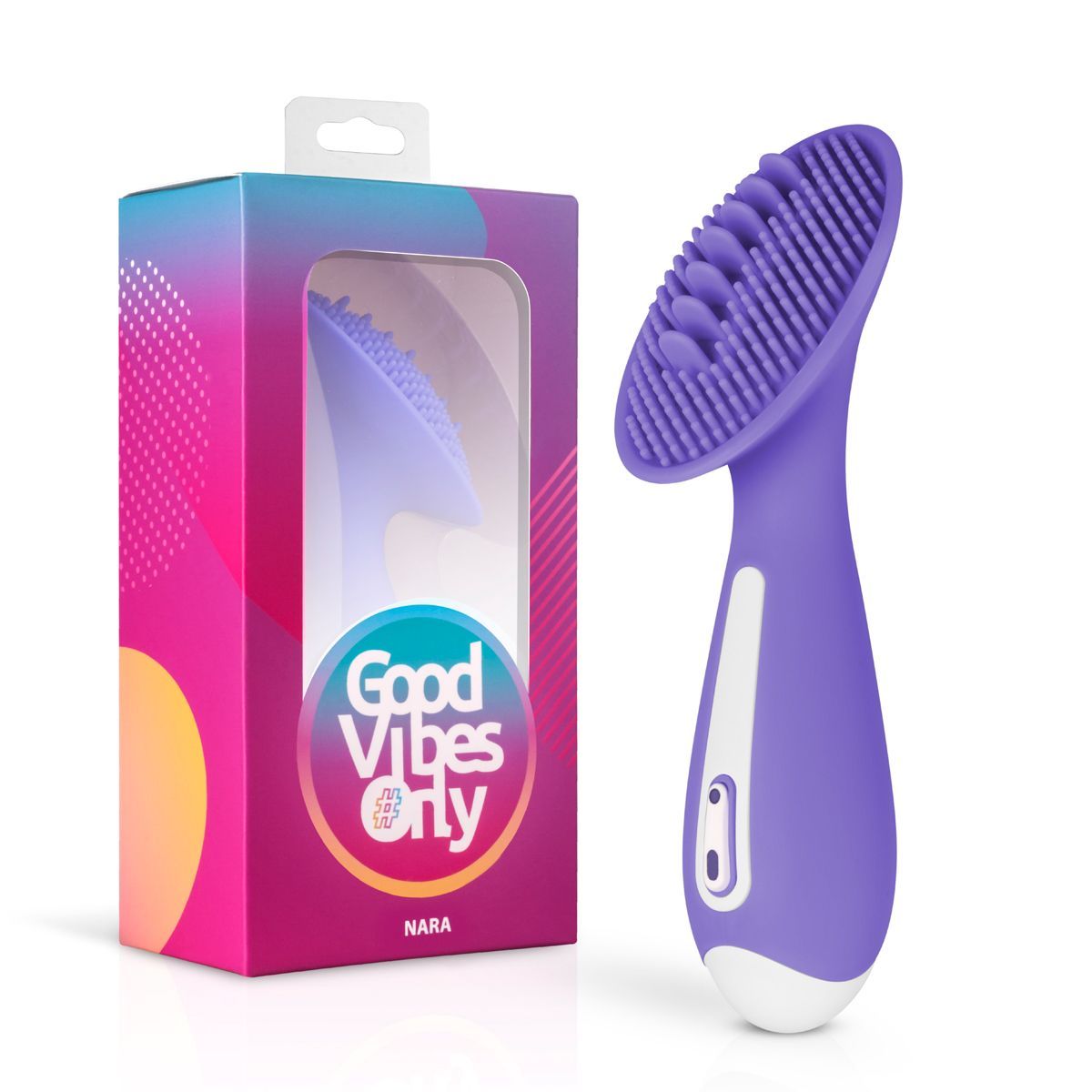 Paarse clitorisstimulator met afgeronde kop en handvat. Verpakking met productafbeelding en logo.