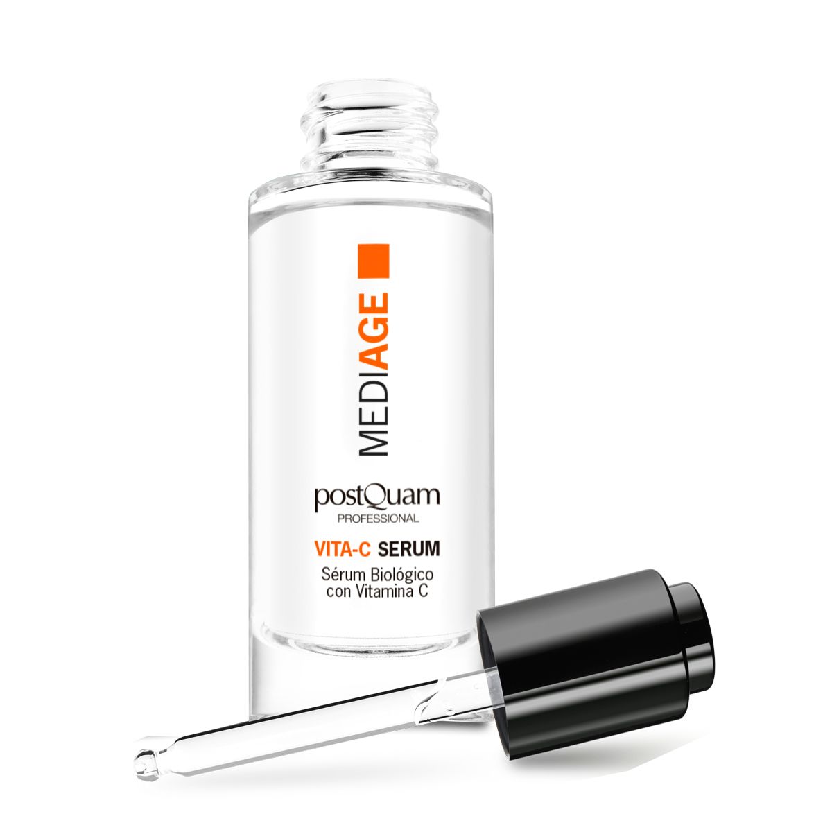 Serumfles met pipet. Opschrift: Mediage, Vita-C Serum, Serum Biologico con Vitamina C. Pipet ernaast.