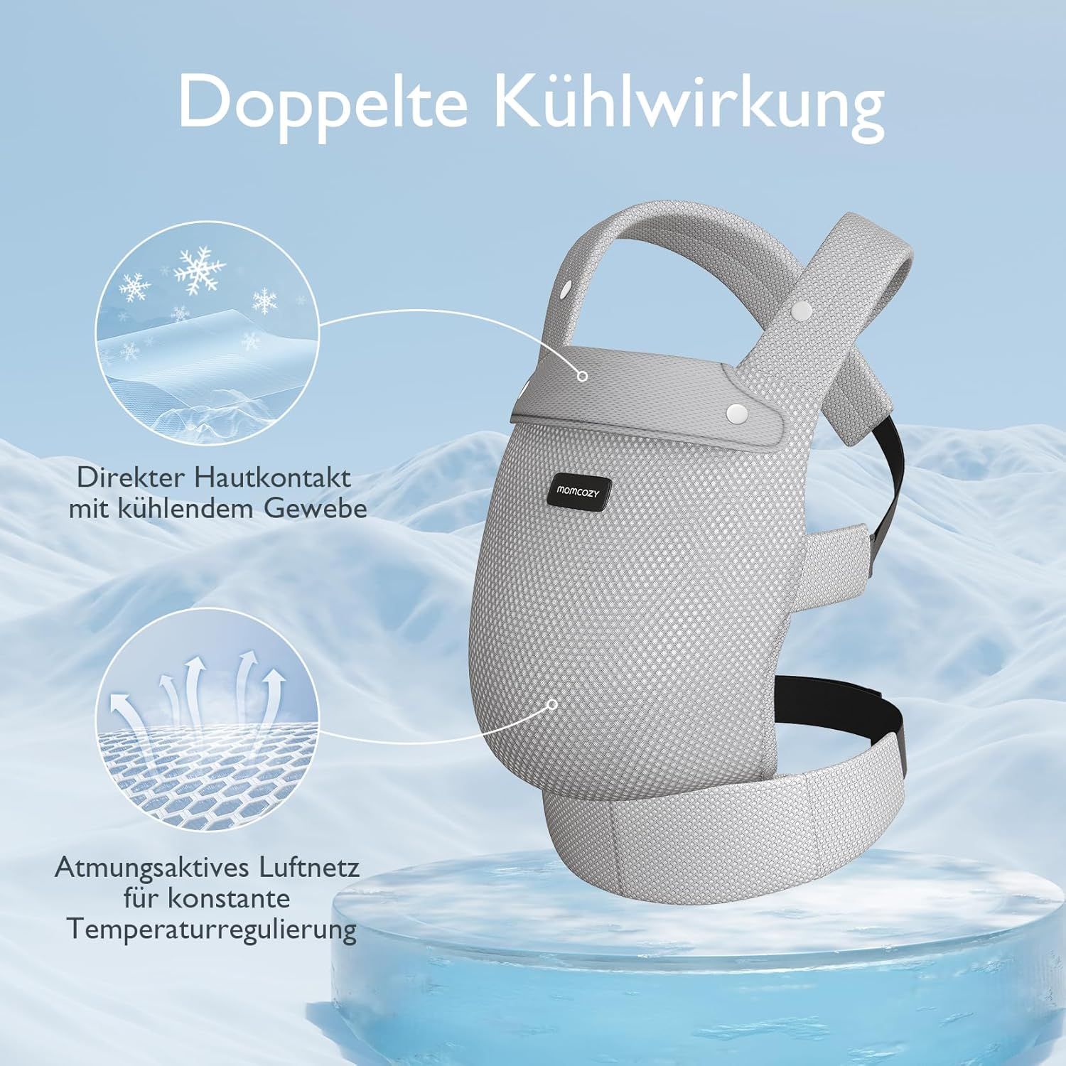 Grijze babydrager van Air Mesh stof, met koel- en ventilatie-indicaties.