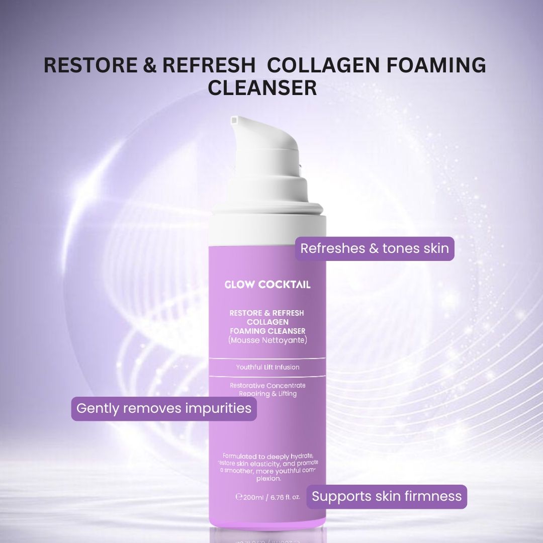 Fles met witte pomp. Opschrift: Glow Cocktail, Restore & Refresh Collagen Foaming Cleanser. Tekst: Reinigt, verfrist, ondersteunt de huid.