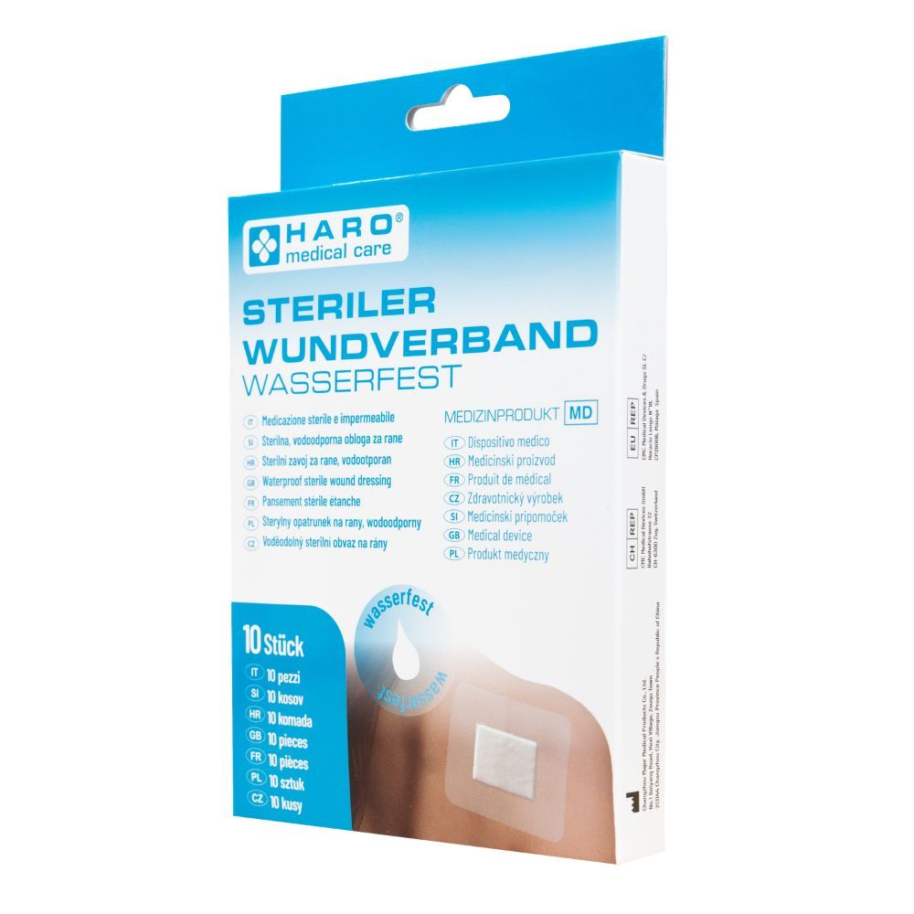Verpakking met steriele, waterdichte wondverband. Bevat 10 stuks. Merk: HARO medical care. Opschrift: Steriler Wundverband wasserfest.