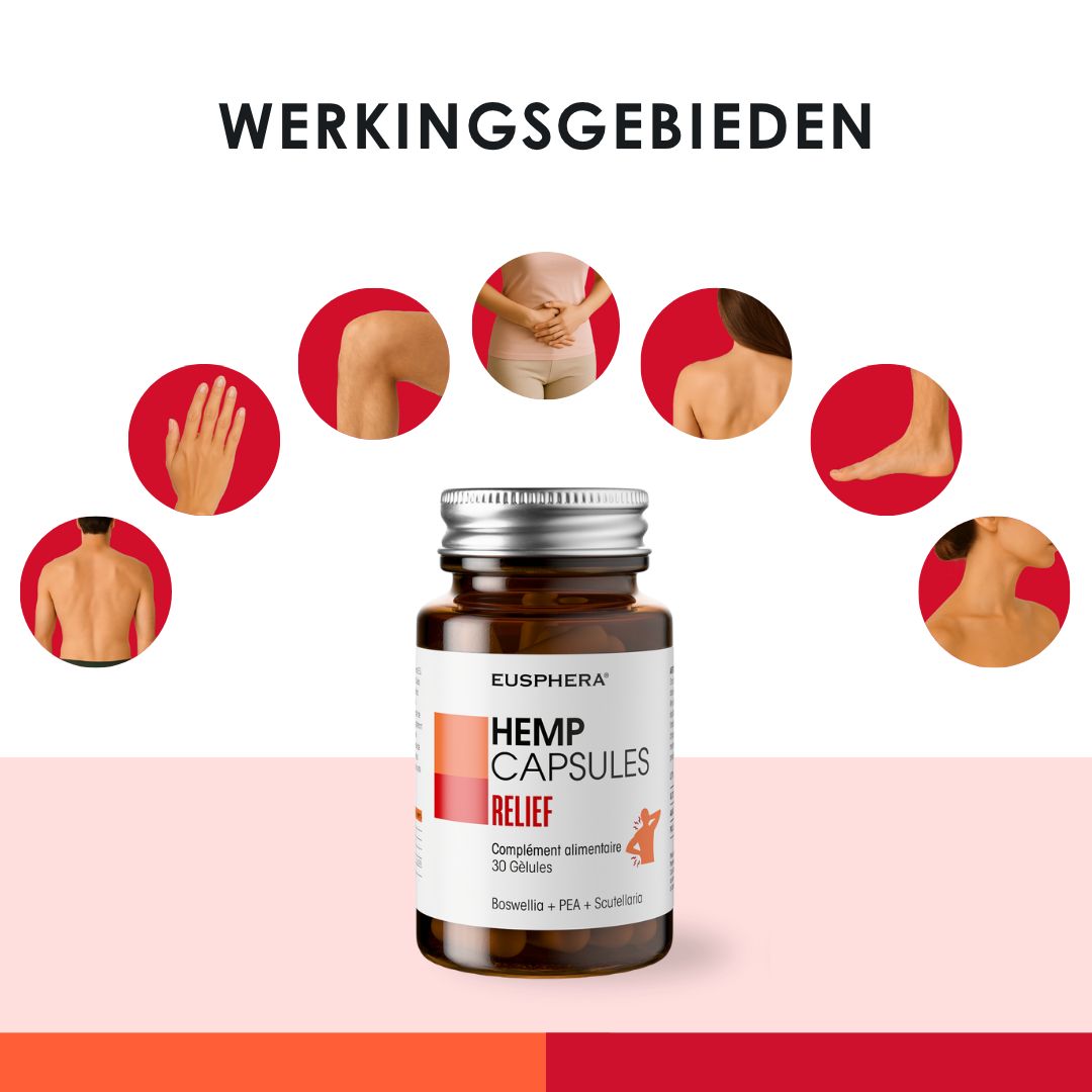 Fles HEMP CAPSULES RELIEF. Gebieden: gewrichten, maag, rug, voet, hand, nek. 30 capsules.