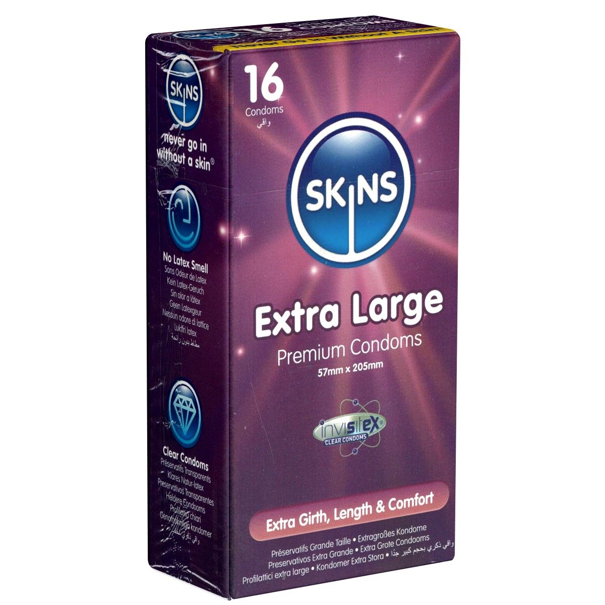 Verpakking van SKINS Extra Large condooms. Bevat 16 stuks. Opschrift: Premium Condoms, 57mm x 205mm. Paarse achtergrond met witte en blauwe elementen.