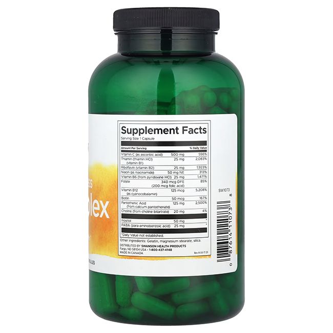 Capsules vertes dans un flacon vert. Étiquette avec informations nutritionnelles. Contient de la vitamine C et B-Complex. Fabriqué au Canada.