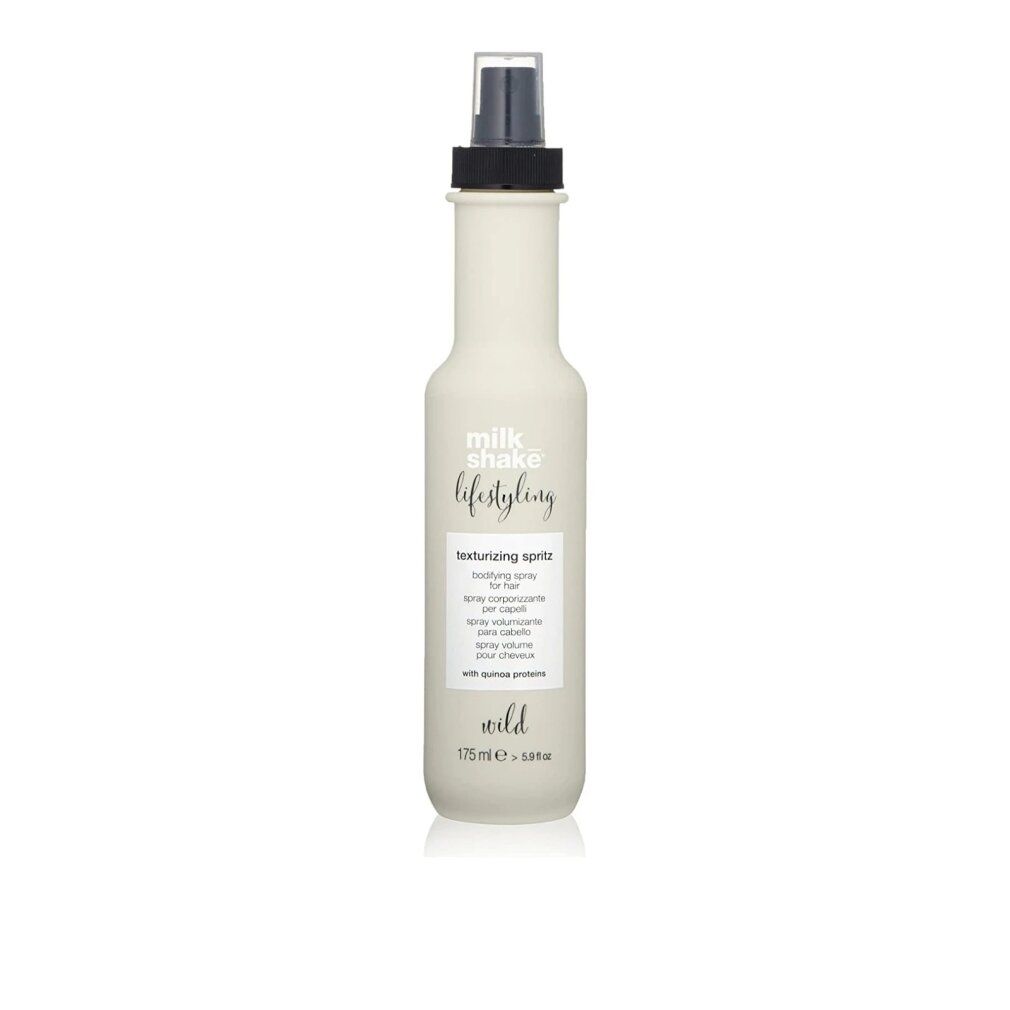 Flacon beige avec vaporisateur noir. Inscription : Milk_shake, Lifestyling, Texturizing Spritz. 175ml.