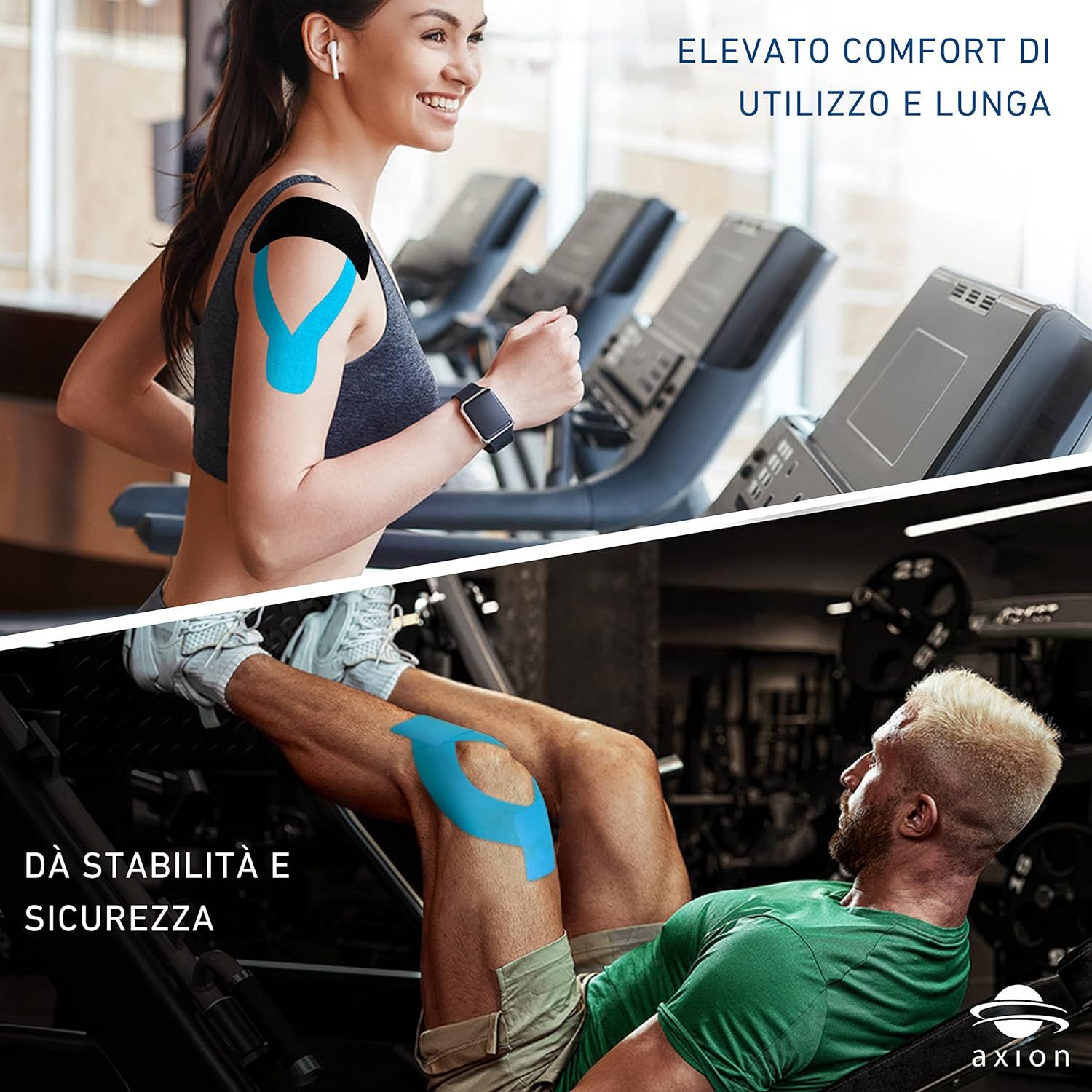 Vrouw op loopband, man op leg press met kinesiologie tape.