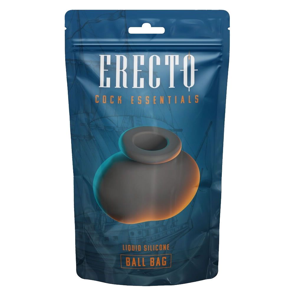 Emballage avec produit. Inscription : ERECTO, COCK ESSENTIALS, BALL BAG. Produit en silicone liquide. Gris foncé et orange.