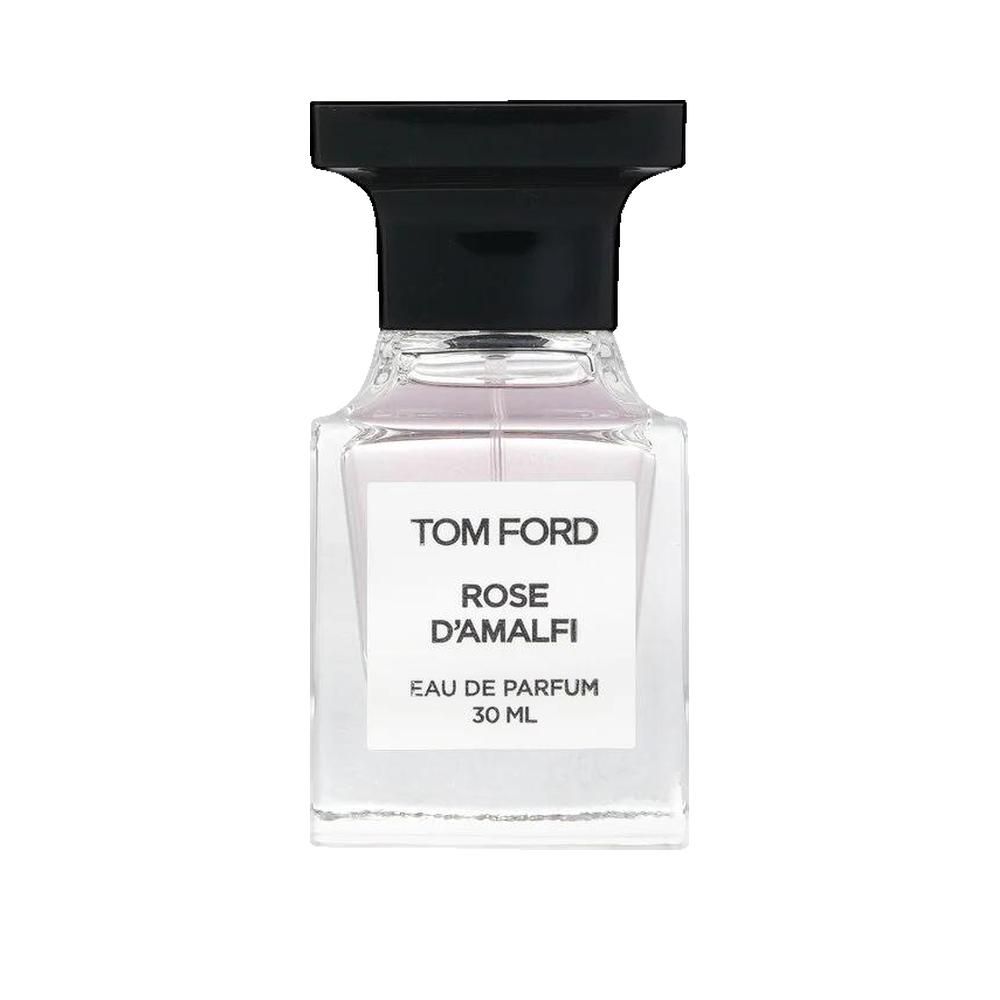 Flacon de parfum avec bouchon noir. Étiquette blanche avec inscription: Rose D'Amalfi, 30 ml.