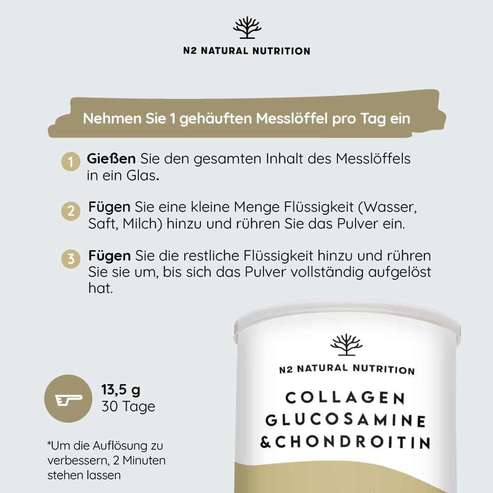 Instructions pour prendre N2 Natural Nutrition Collagen Glucosamine & Chondroitin. 3 étapes avec texte.
