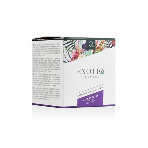 Verpakking met bloemenpatroon en tekst. Opschrift: Exotiq Massage, Violet Rose, 60g. Tekst in meerdere talen.