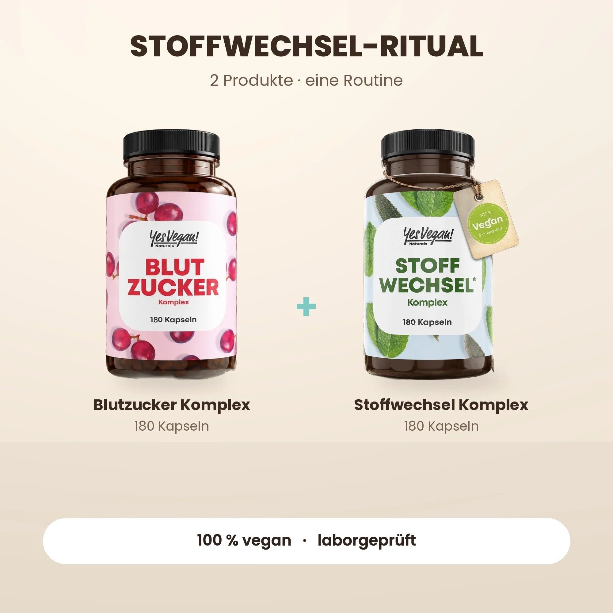 Deux bouteilles de compléments alimentaires YesVegan! : Lions Mane et Vitamine B12 Kompleks.