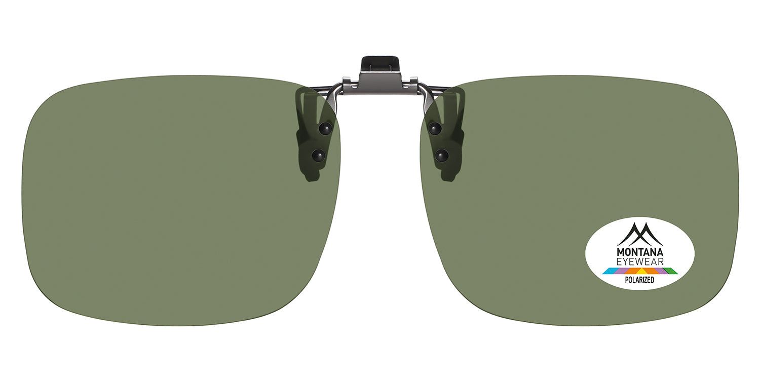 Clip-on lunettes de soleil à verres verts. Logo ovale "MONTANA EYEWEAR POLARIZED".