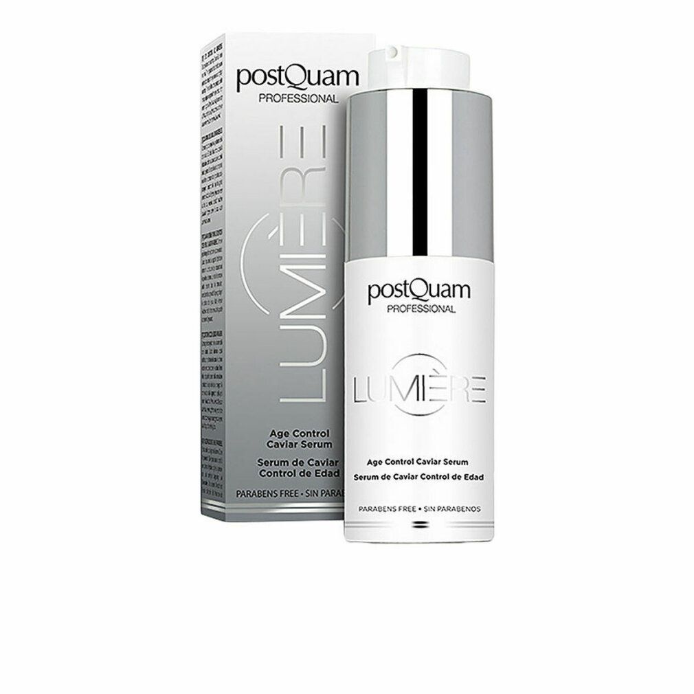 Serumfles en verpakking. Opschrift: Postquam Lumière Age Control Caviar Serum. Zonder parabenen.