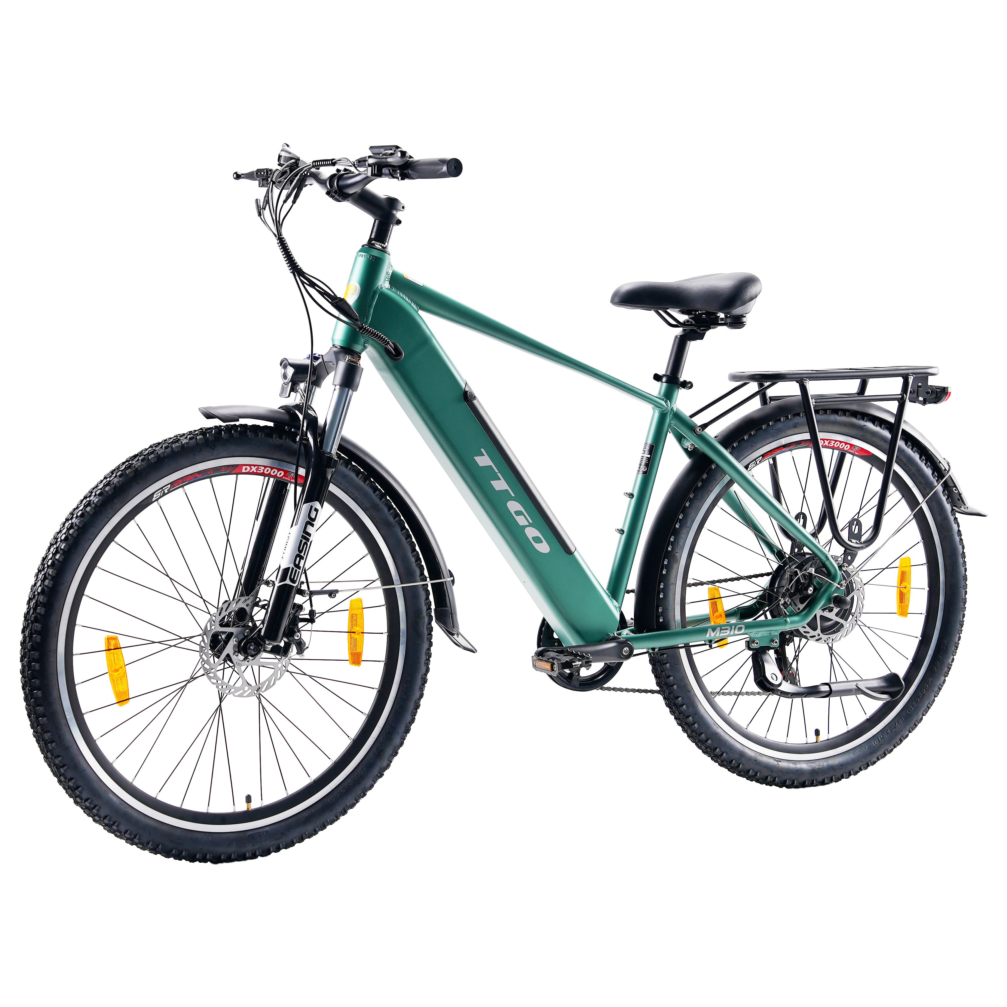 Groene TTGO e-bike met bagagedrager, zwart zadel en banden. Gele reflectoren.