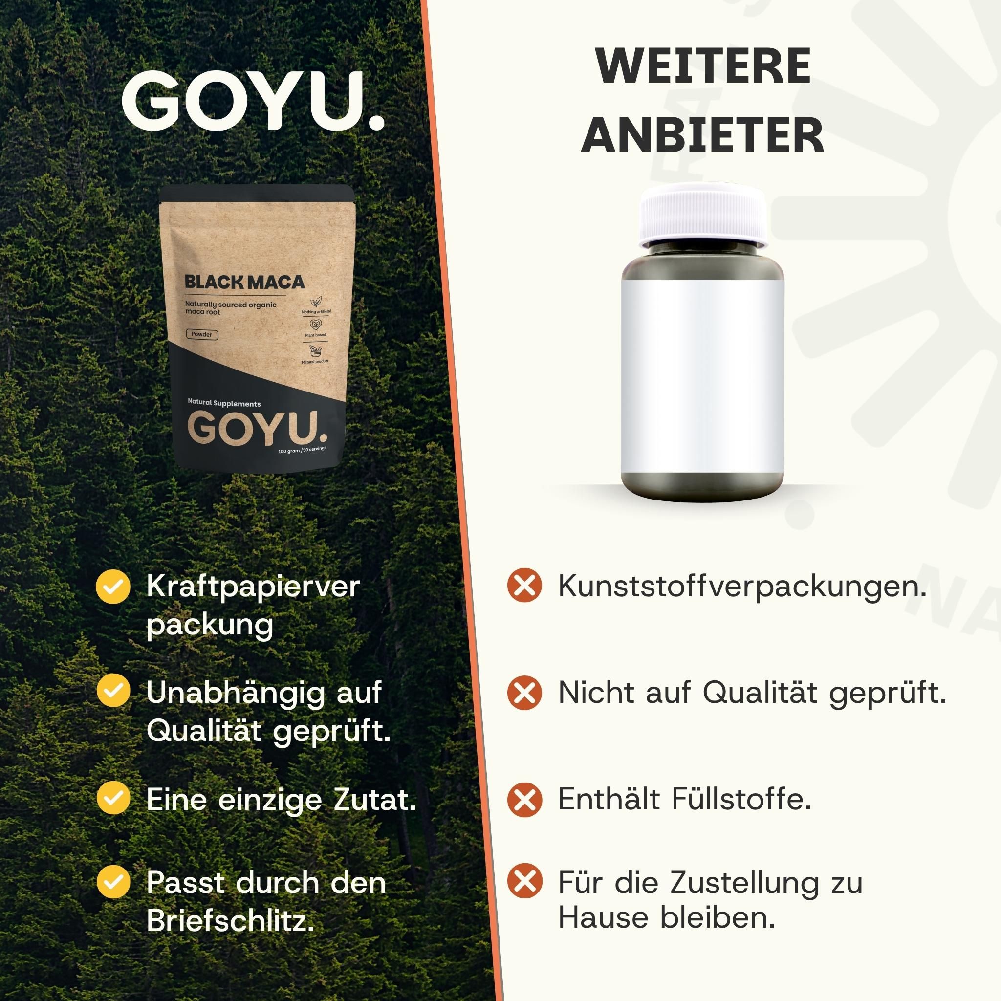 Emballage de poudre de maca noire à côté d'une bouteille. Gauche : emballage en papier kraft, un ingrédient. Droite : emballage plastique, charges.