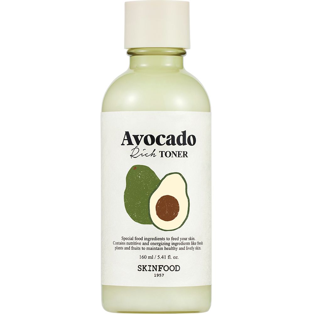 Flacon vert Avocado Rich Toner, SKINFOOD. Texte Avocado Rich Toner, illustration d'avocat. 160 ml.