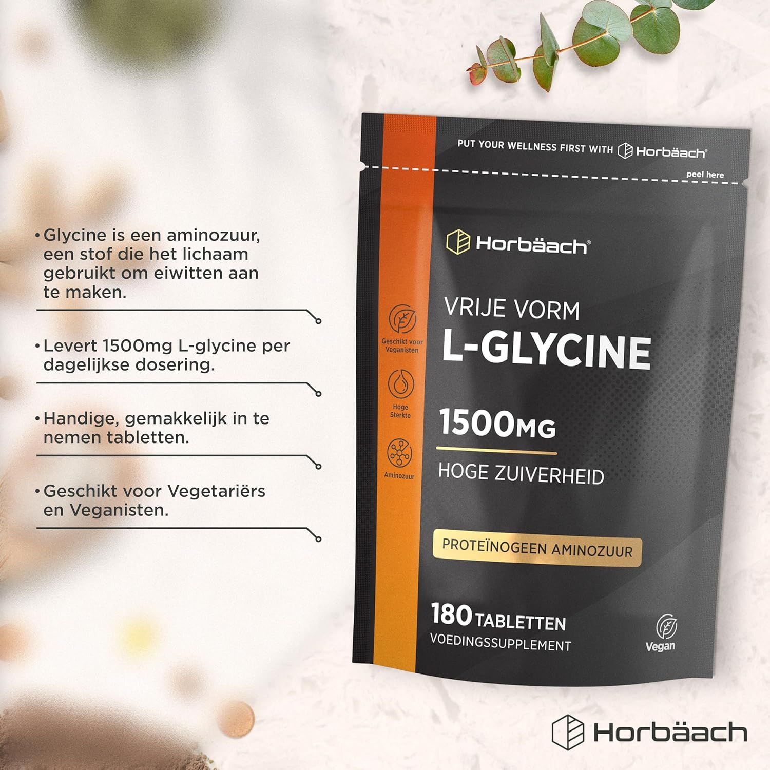 Horbäach L-Glycine 1500mg, 180 tabletten, hoge zuiverheid, vegan.