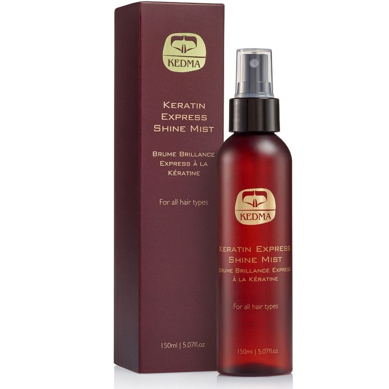 Flacon et boîte rouge foncé. Inscription : KEDMA, Keratin Express Shine Mist. Pour tous types de cheveux. 150ml.