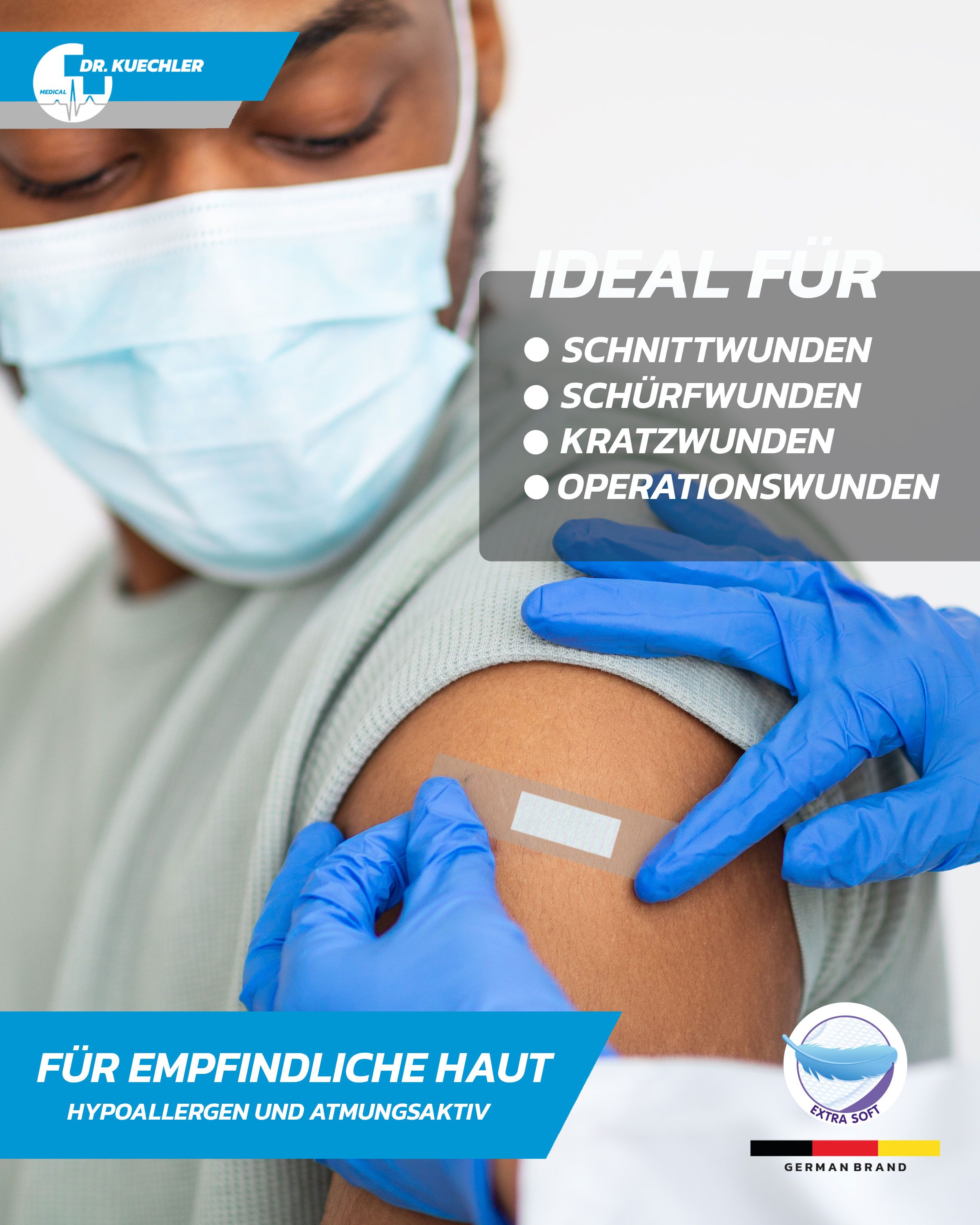 Dr. Kuechler Medical®:  steriele, waterbestendige pleisters voor de douche, voor de gevoelige huid