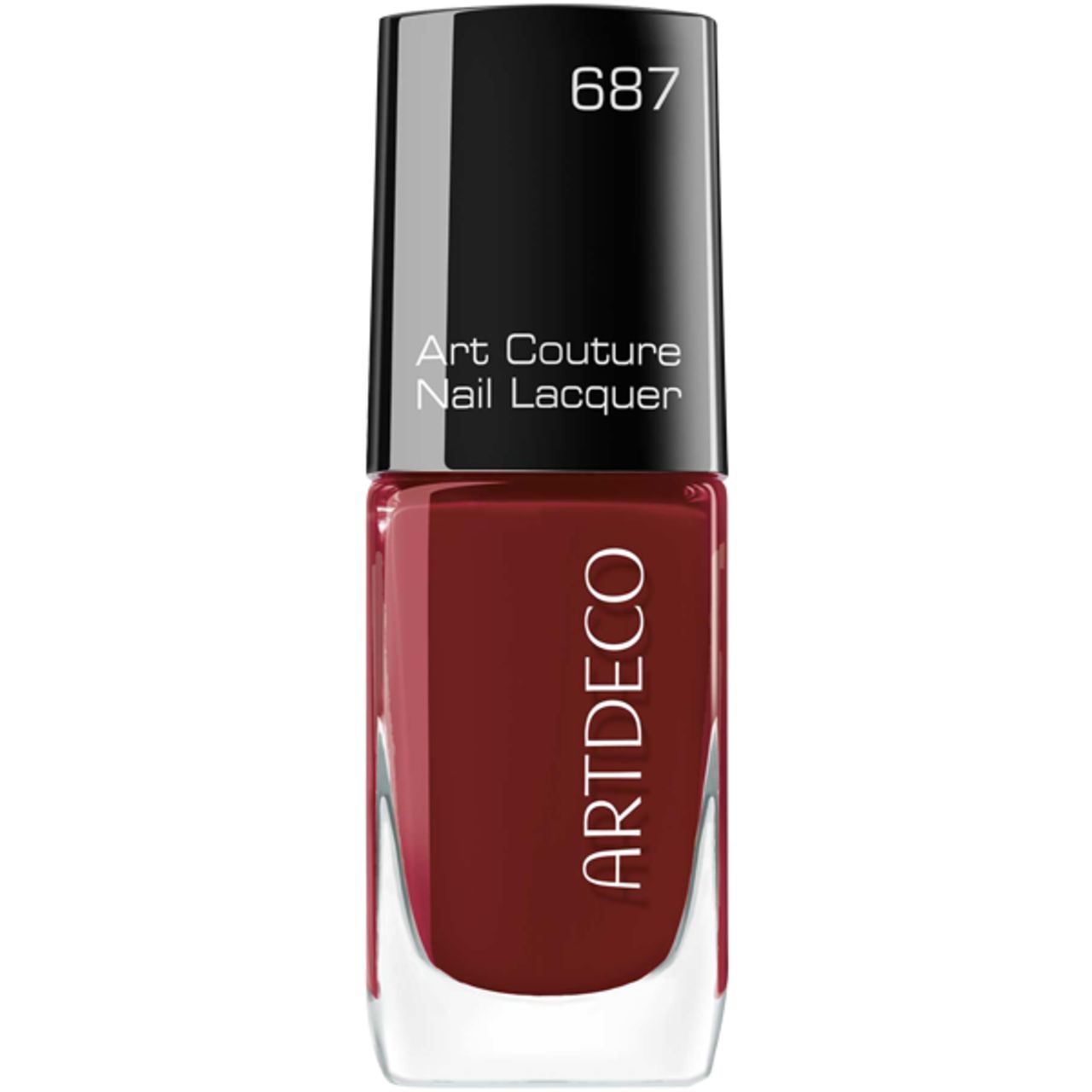 Rode nagellakfles. Zwarte dop met opschrift 687. Art Couture Nail Lacquer en Artdeco-logo.