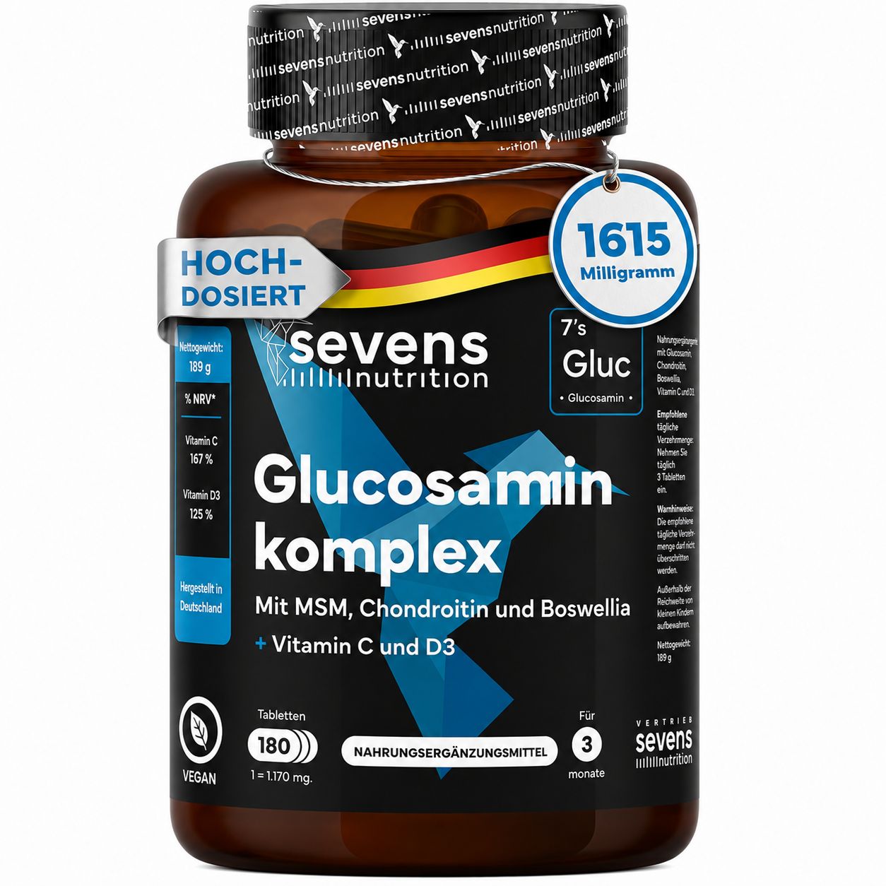 Bocal brun de capsules SEVENS NUTRITION Glucosamine Complex. Haute dose, 180 comprimés.